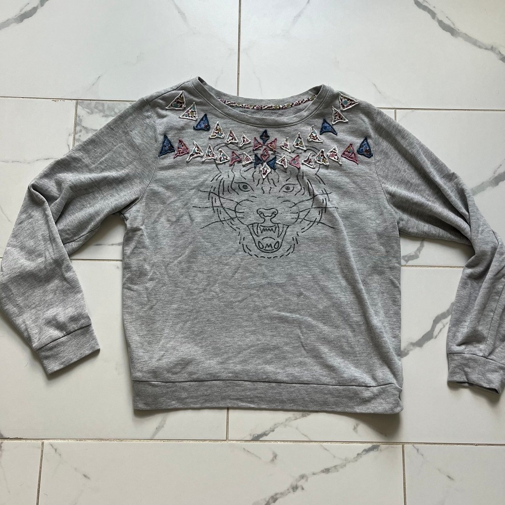 Anthropologie Luna Mercantile Co. tiger graphic sweatshirt gray embroidered sz S